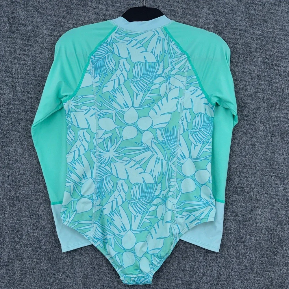 Lands' End Rash Guard Swimsuit Kids 14+ Polyester Spandex Teal Tropical Leaf